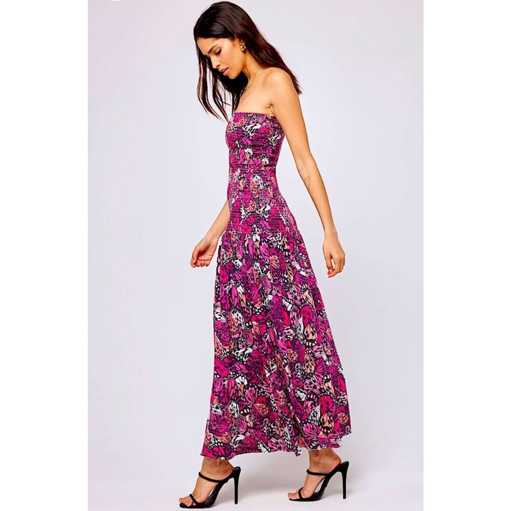 L*Space Lila Strapless Maxi Dress Wings N Things Pink Butterfly Print Small NWT - Picture 2 of 13